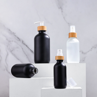 Black Matte Bamboo Wood Cover Glass Bottle 30ml60ml90ml120ml240ml480ml Body Lotion Hand Sanitizer Bottle Press Pump cap