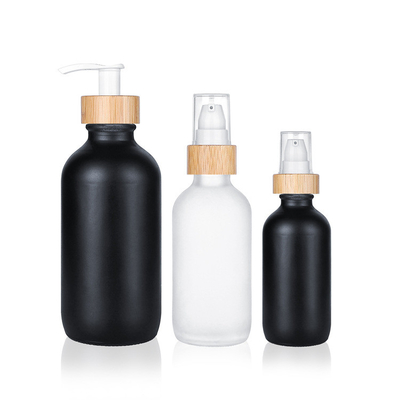 Black Matte Bamboo Wood Cover Glass Bottle 30ml60ml90ml120ml240ml480ml Body Lotion Hand Sanitizer Bottle Press Pump cap