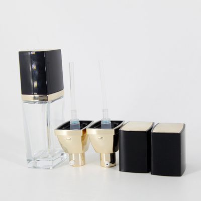 30ml 1OZ luxury clear square cosmetic flat liquid bottle foundation serum glass bottle with gold lotion pump