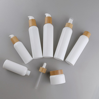 White porcelain bottles 15ml 30ml 50ml 100ml 120ml cosmetic jar with bamboo lotion pump face cream jar with bamboo lid