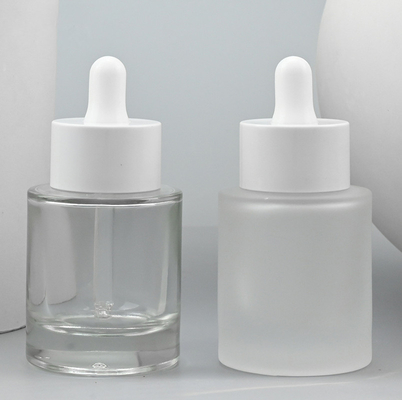 Transparent/Frosted Super Thick Bottom Flat Shoulder Round 30ml Serum Essence Pump Dropper Glass Bottles