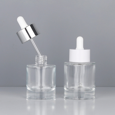 Transparent/Frosted Super Thick Bottom Flat Shoulder Round 30ml Serum Essence Pump Dropper Glass Bottles