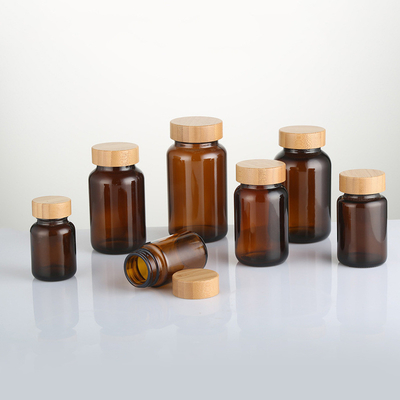 60ml 100ml 120ml 150ml 200ml 250ml Pill vitamin tablet bottle wide mouth amber glass capsule bottle with bamboo lid
