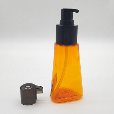 Amber PET/PETG Plastic Triangle Bottle with Black Lotion Pump - 3.5 oz