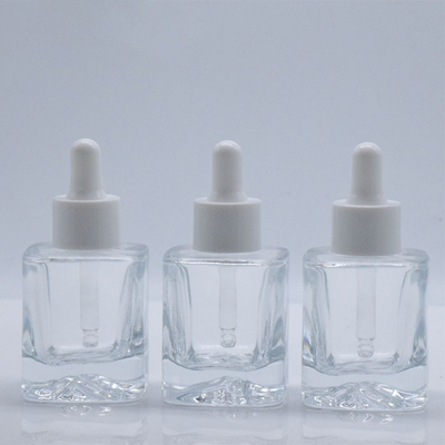 20ml 30ml 50ml Clear Flat Square Thick Bottom Serum Glass Dropper Bottle with White Lid