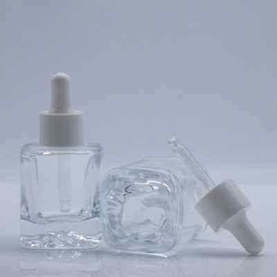 20ml 30ml 50ml Clear Flat Square Thick Bottom Serum Glass Dropper Bottle with White Lid
