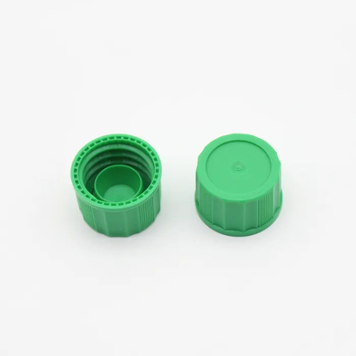 Blue PP/PE vented cap, 18 mm neck finish Green Self-Sealing Ribbed