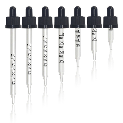 Black plastic ribbed skirt dropper assembly with rubber bulb and straight tip laser etched glass pipette