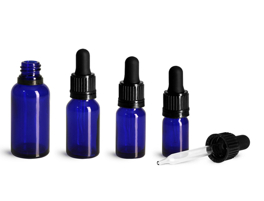 Glass Bottles, Blue Glass Euro Dropper Bottles + Black Tamper Evident Bulb Droppers
