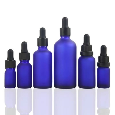Frosted Blue Glass Bottles With Black Collar Dropper 5ml 10ml 20ml 30ml 50ml 100ml Frosting Dropper Essential Oil Bottle