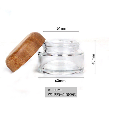 Cream bottle with bamboo lid, cosmetic packaging material, round thick transparent glass cream bottle, 50g container