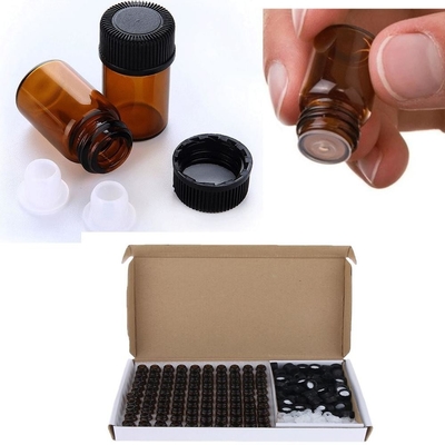 1ml 2ml 3ml Amber Glass Vials, Mini Essential Oil Bottles with Orifice Reducer & Black Plastic Cap