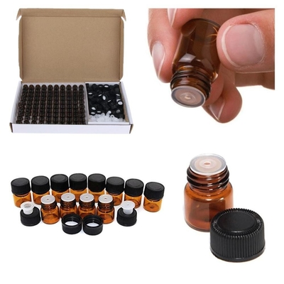 1ml 2ml 3ml Amber Glass Vials, Mini Essential Oil Bottles with Orifice Reducer & Black Plastic Cap