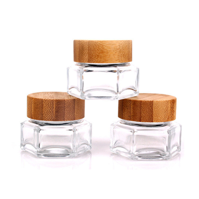 100ml cream bottle, glass cosmetic bottle, polygonal glass bottle with bamboo lid