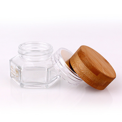 100ml cream bottle, glass cosmetic bottle, polygonal glass bottle with bamboo lid
