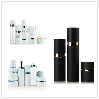 A set cosmetic plastic vacuum pump bottle with rose gold shoulder，silver shoulder , cosmetic Jar