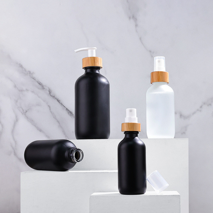 Black Matte Bamboo Wood Cover Glass Bottle 30ml60ml90ml120ml240ml480ml Body Lotion Hand Sanitizer Bottle Press Pump cap