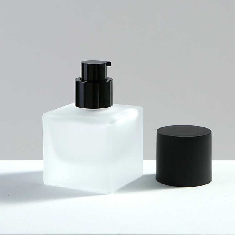30ml liquid foundation frosted glass bottle Square with black pressing lotion pump cosmetic packaging container