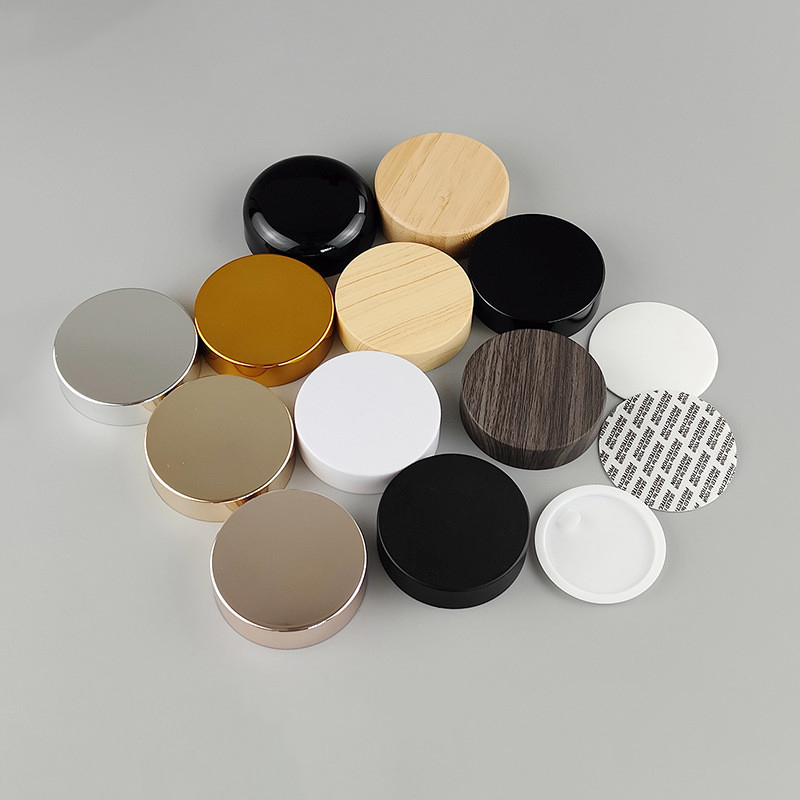 Bamboo lid, Wood grain screw cap, electroplated golden aluminum jar cap, plastic cream screw top jar cap lid