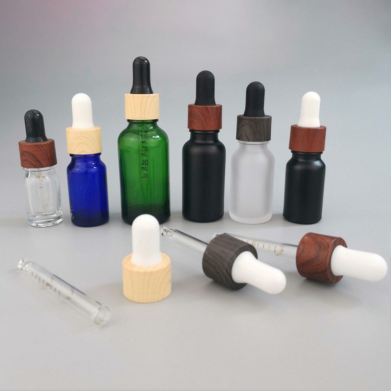 5ml 10ml 15ml 30ml 50ml transparent empty glass dropper essential oil bottle with bamboo wood grain water transfer lid