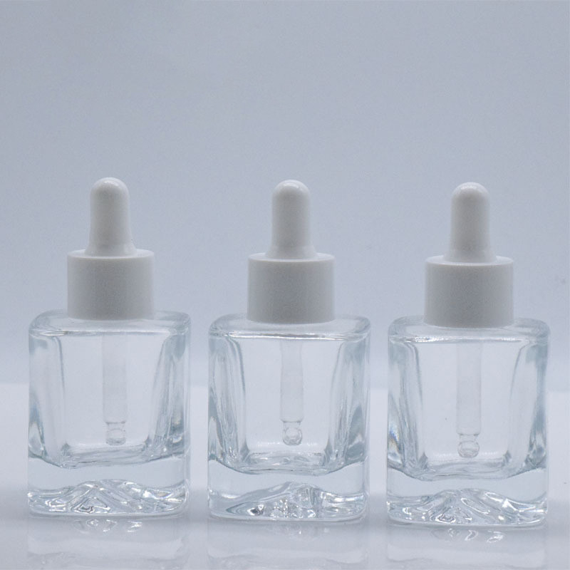 20ml 30ml 50ml Clear Flat Square Thick Bottom Serum Glass Dropper Bottle with White Lid