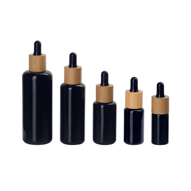 5ml-100ml Black Boston Round Glass Child Resistant Dropper Bottle with Bamboo Dropper/Pipette Assembly