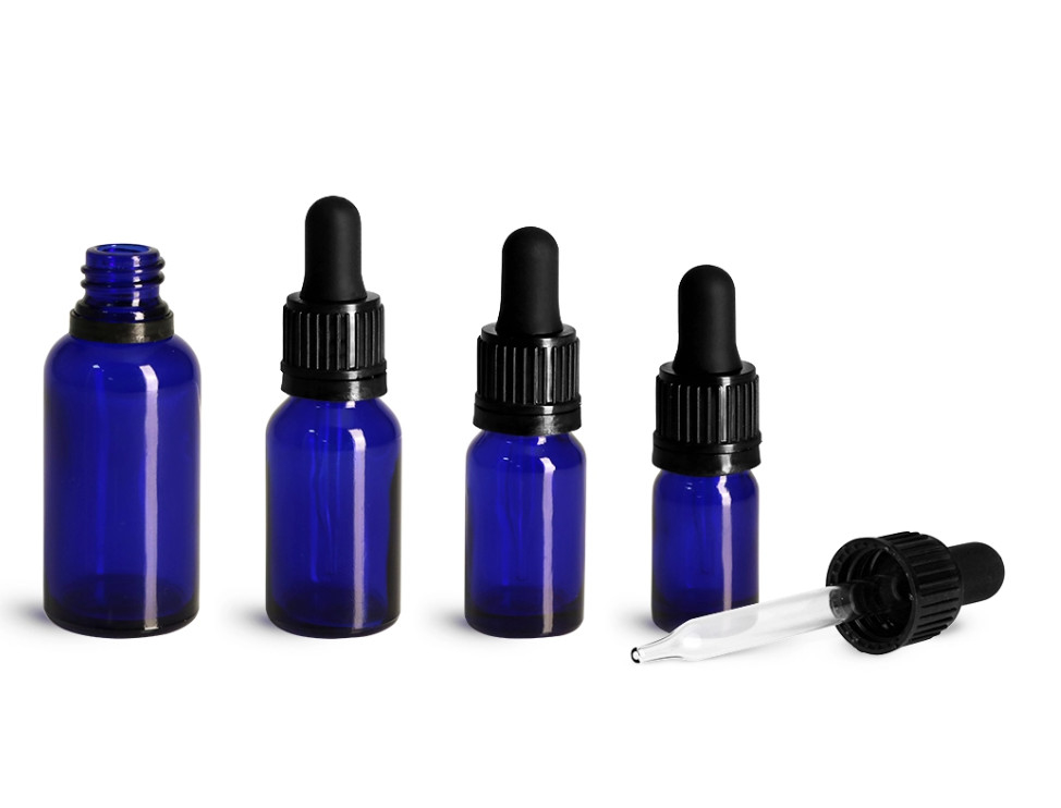 Glass Bottles, Blue Glass Euro Dropper Bottles + Black Tamper Evident Bulb Droppers
