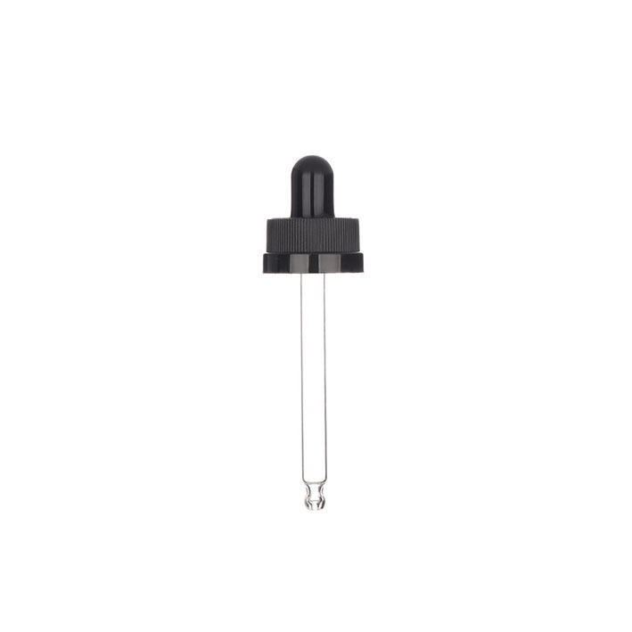 BLACK PP PLASTIC 20-400 RIBBED SKIRT CHILD RESIST DROPPER 91MM STRAIGHT TIP GLASS PIPETTE