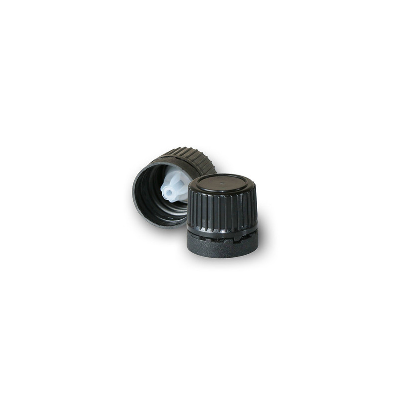 18mm Black tamper-evident dropper cap with Orifice Reducers