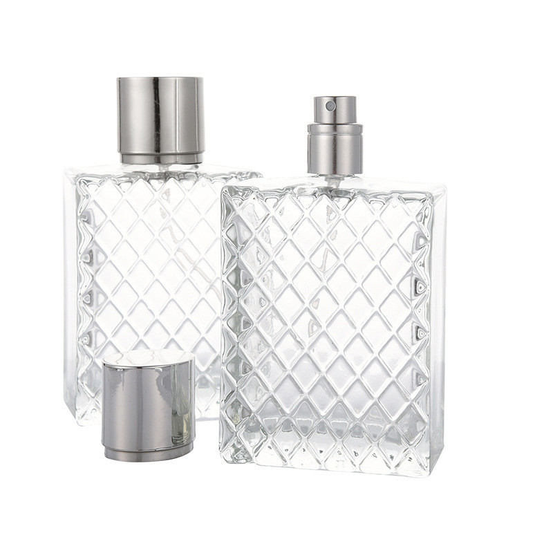 100ml clear glass spray bottle, square lattice flat bottle, spray bottle perfume bottle