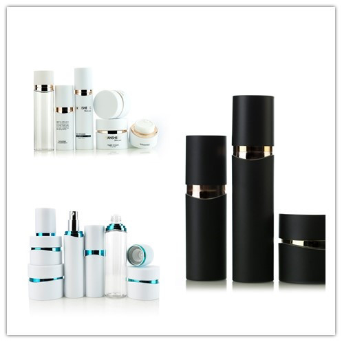 A set cosmetic plastic vacuum pump bottle with rose gold shoulder，silver shoulder , cosmetic Jar