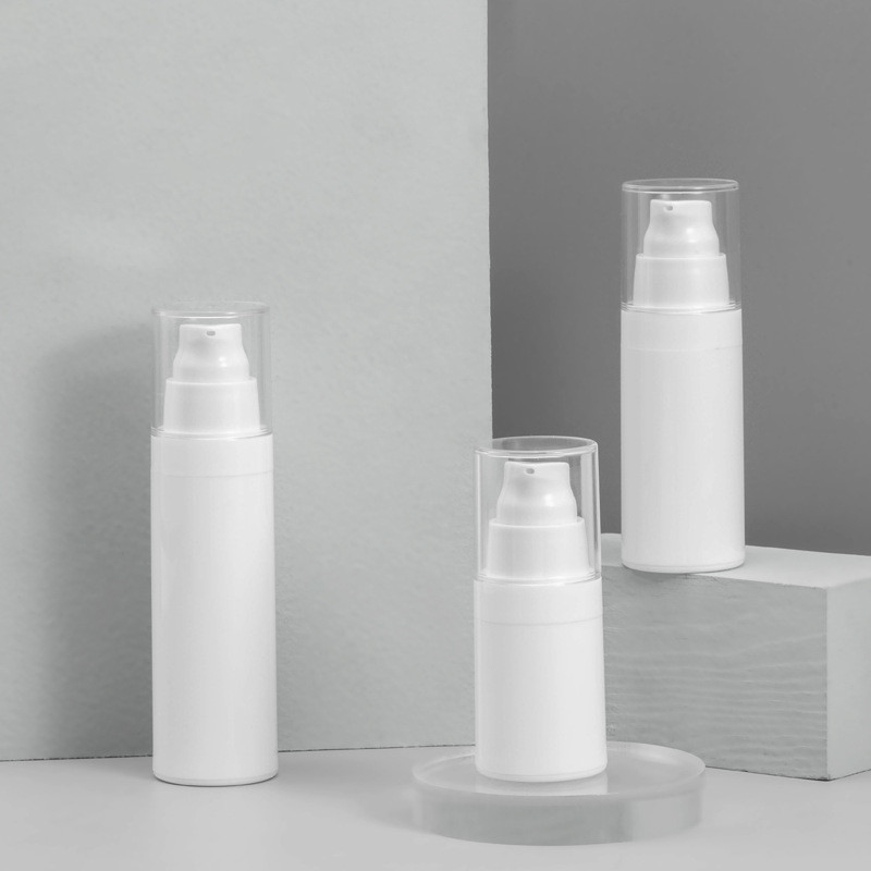 Fashion biodegradable plastic empty bottle airless pump bottles 15ml 30ml 50ml cosmetic clear cap white pp body vacuum